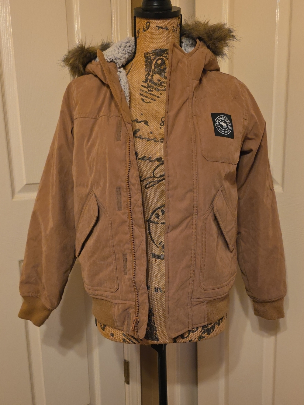 abercrombie kids Tan Hooded Bomber Jacket with Faux-Fur Trim